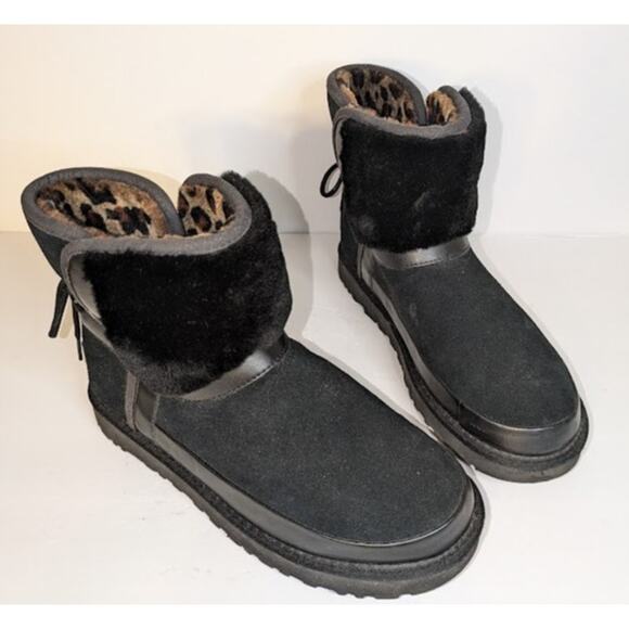 UGG Women's 10 Classic Leopard Lined Bow Black Suede Boots Animal Print 1105354 - Picture 1 of 14